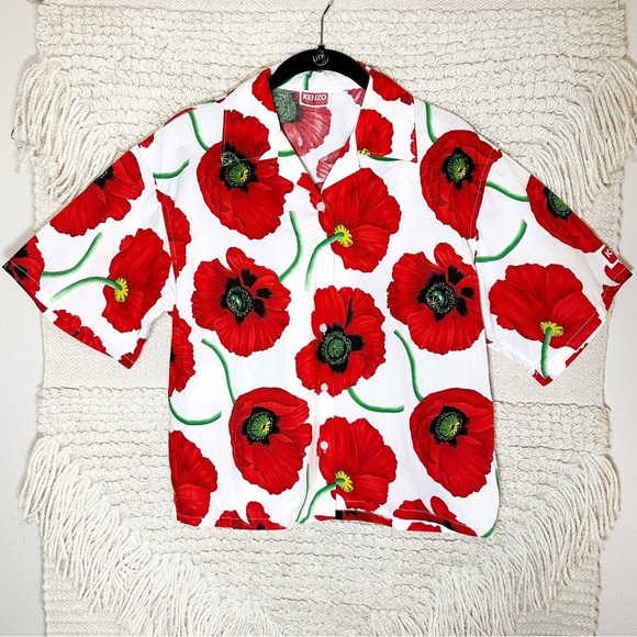 KENZO red and white poppy floral short sleeve button front crop top S